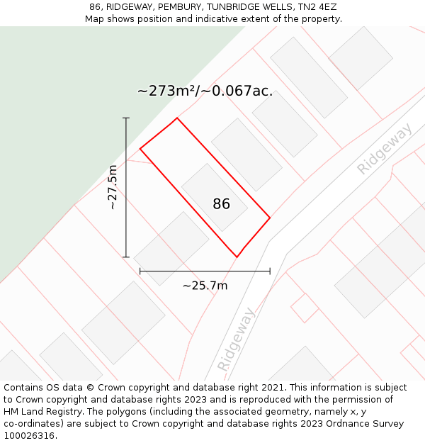 86, RIDGEWAY, PEMBURY, TUNBRIDGE WELLS, TN2 4EZ: Plot and title map