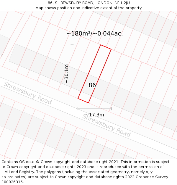 86, SHREWSBURY ROAD, LONDON, N11 2JU: Plot and title map