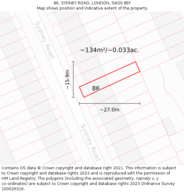 86, SYDNEY ROAD, LONDON, SW20 8EF: Plot and title map