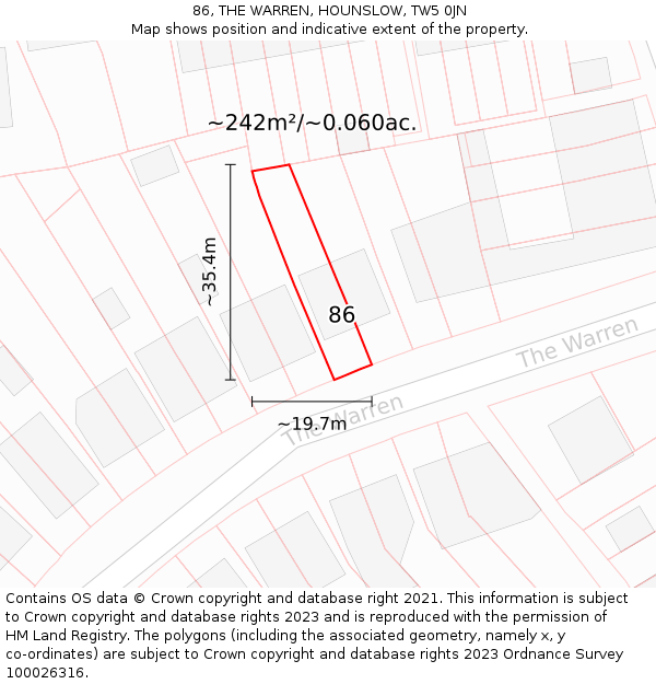 86, THE WARREN, HOUNSLOW, TW5 0JN: Plot and title map