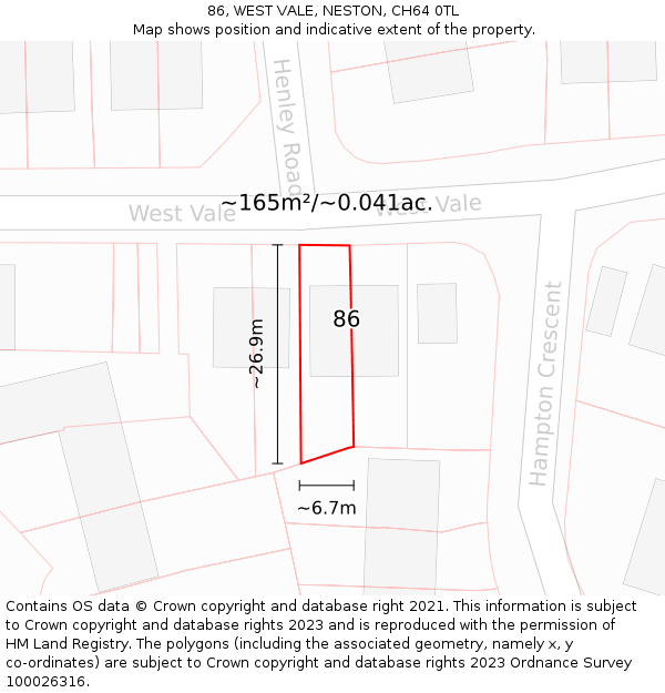 86, WEST VALE, NESTON, CH64 0TL: Plot and title map