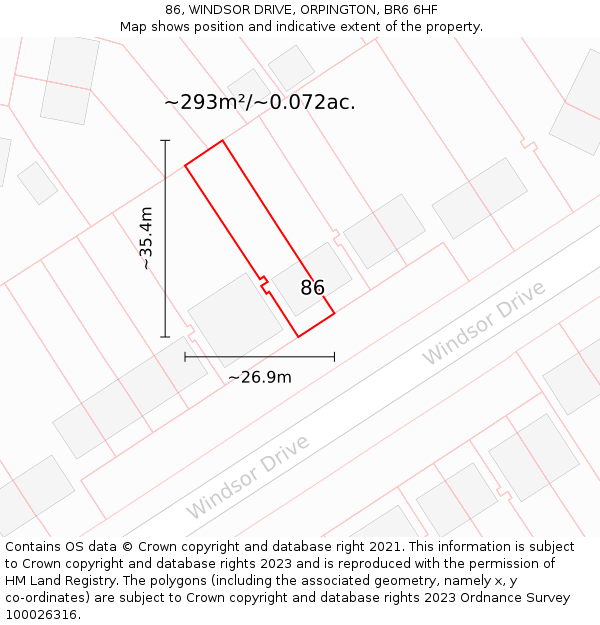 86, WINDSOR DRIVE, ORPINGTON, BR6 6HF: Plot and title map