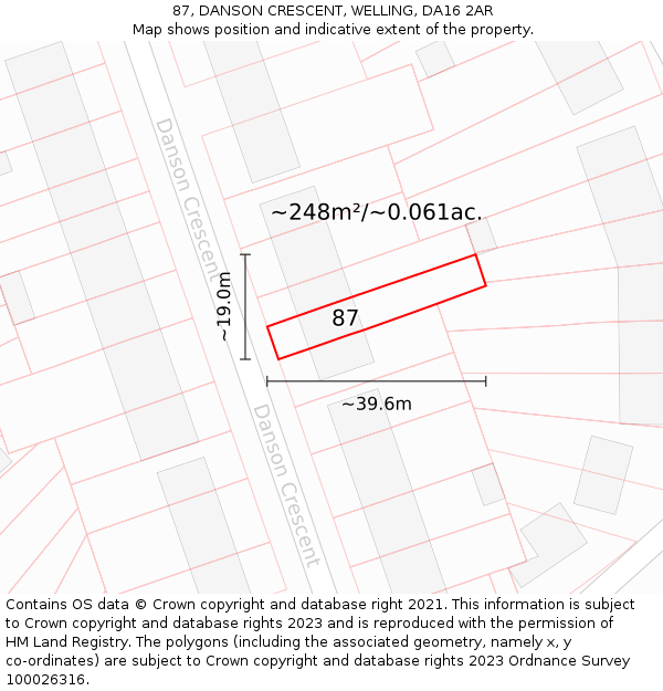 87, DANSON CRESCENT, WELLING, DA16 2AR: Plot and title map