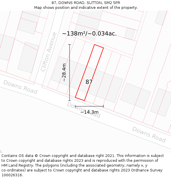 87, DOWNS ROAD, SUTTON, SM2 5PR: Plot and title map