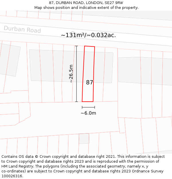 87, DURBAN ROAD, LONDON, SE27 9RW: Plot and title map