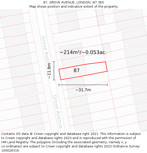 87, GROVE AVENUE, LONDON, W7 3EX: Plot and title map