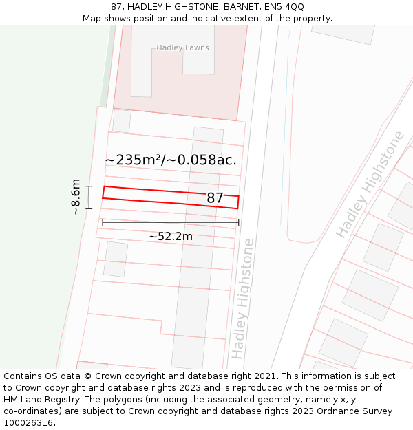 87, HADLEY HIGHSTONE, BARNET, EN5 4QQ: Plot and title map