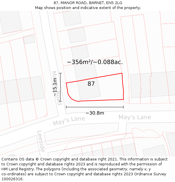 87, MANOR ROAD, BARNET, EN5 2LG: Plot and title map