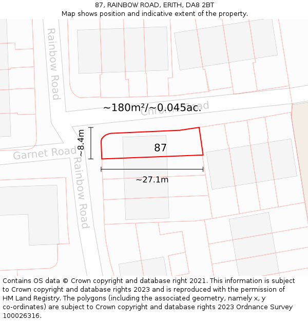 87, RAINBOW ROAD, ERITH, DA8 2BT: Plot and title map