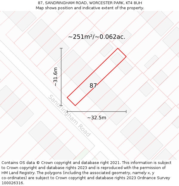 87, SANDRINGHAM ROAD, WORCESTER PARK, KT4 8UH: Plot and title map