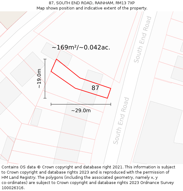 87, SOUTH END ROAD, RAINHAM, RM13 7XP: Plot and title map