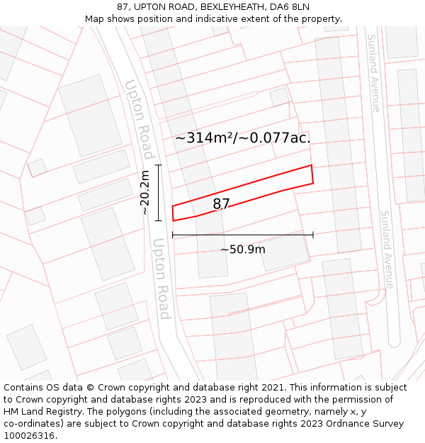 87, UPTON ROAD, BEXLEYHEATH, DA6 8LN: Plot and title map