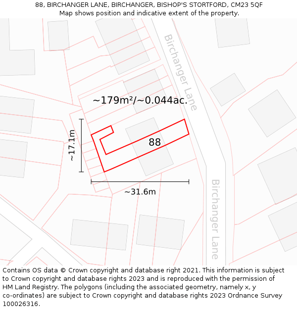 88, BIRCHANGER LANE, BIRCHANGER, BISHOP'S STORTFORD, CM23 5QF: Plot and title map