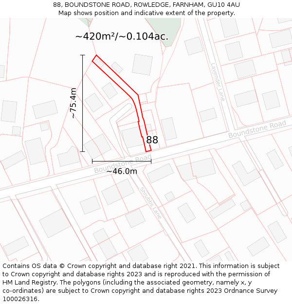 88, BOUNDSTONE ROAD, ROWLEDGE, FARNHAM, GU10 4AU: Plot and title map