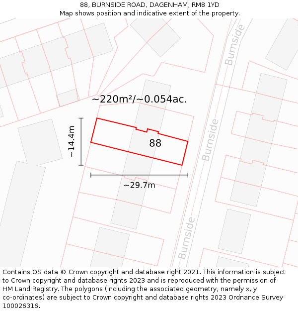 88, BURNSIDE ROAD, DAGENHAM, RM8 1YD: Plot and title map