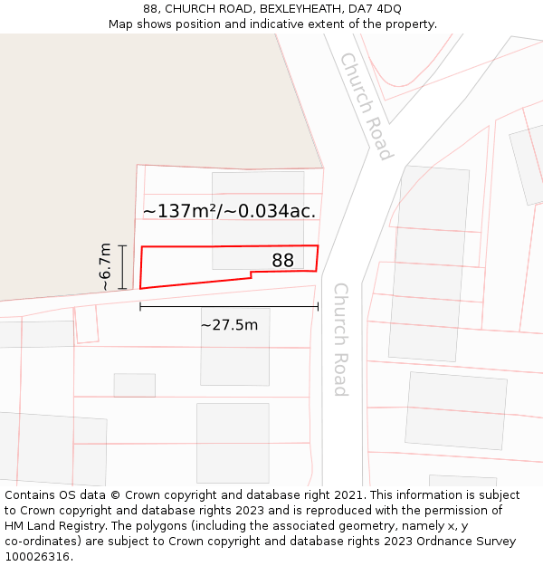 88, CHURCH ROAD, BEXLEYHEATH, DA7 4DQ: Plot and title map