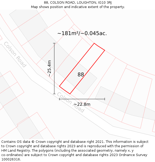 88, COLSON ROAD, LOUGHTON, IG10 3RJ: Plot and title map