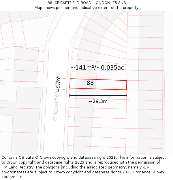 88, CRICKETFIELD ROAD, LONDON, E5 8NS: Plot and title map