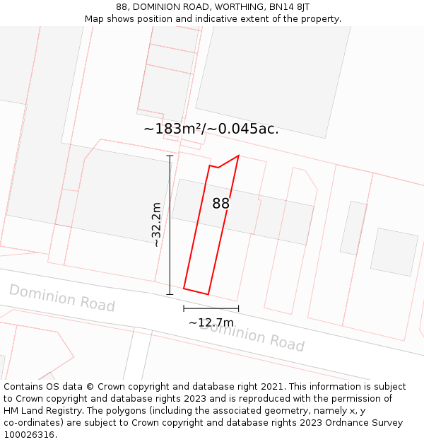 88, DOMINION ROAD, WORTHING, BN14 8JT: Plot and title map