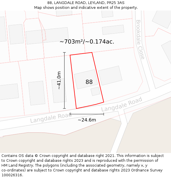 88, LANGDALE ROAD, LEYLAND, PR25 3AS: Plot and title map