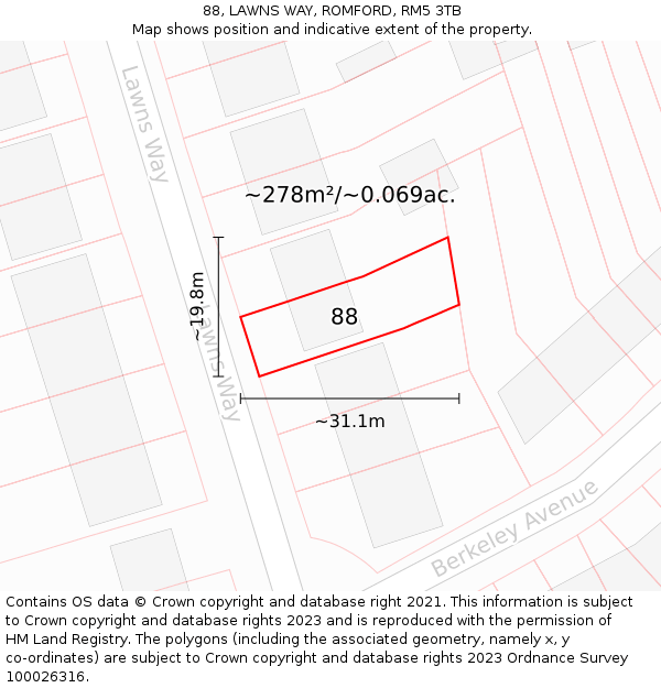 88, LAWNS WAY, ROMFORD, RM5 3TB: Plot and title map
