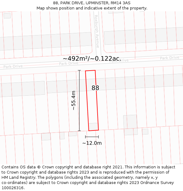 88, PARK DRIVE, UPMINSTER, RM14 3AS: Plot and title map