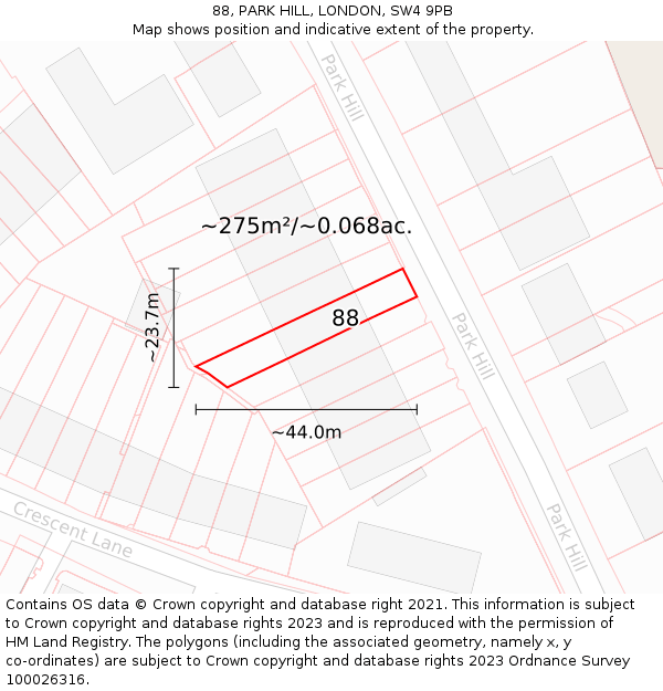 88, PARK HILL, LONDON, SW4 9PB: Plot and title map