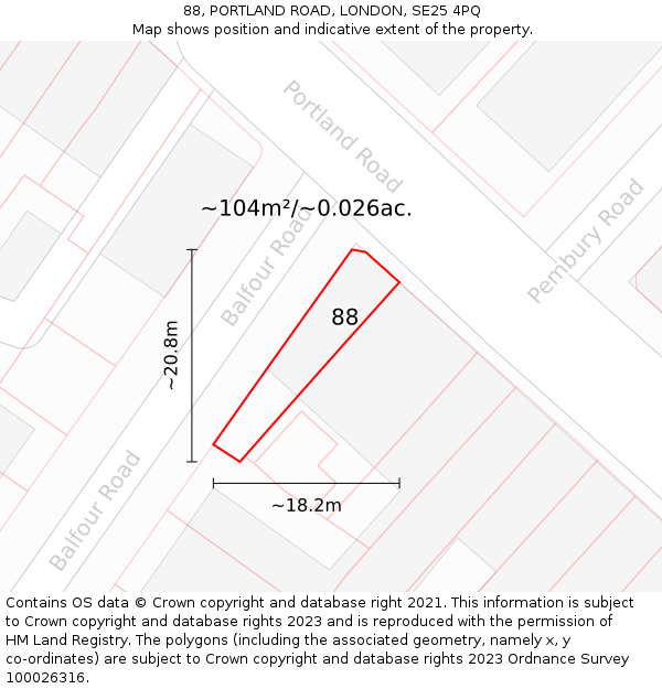 88, PORTLAND ROAD, LONDON, SE25 4PQ: Plot and title map