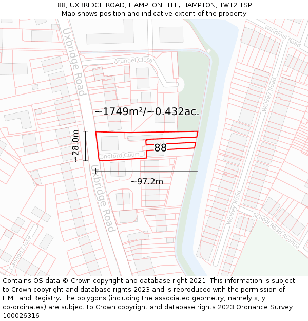 88, UXBRIDGE ROAD, HAMPTON HILL, HAMPTON, TW12 1SP: Plot and title map