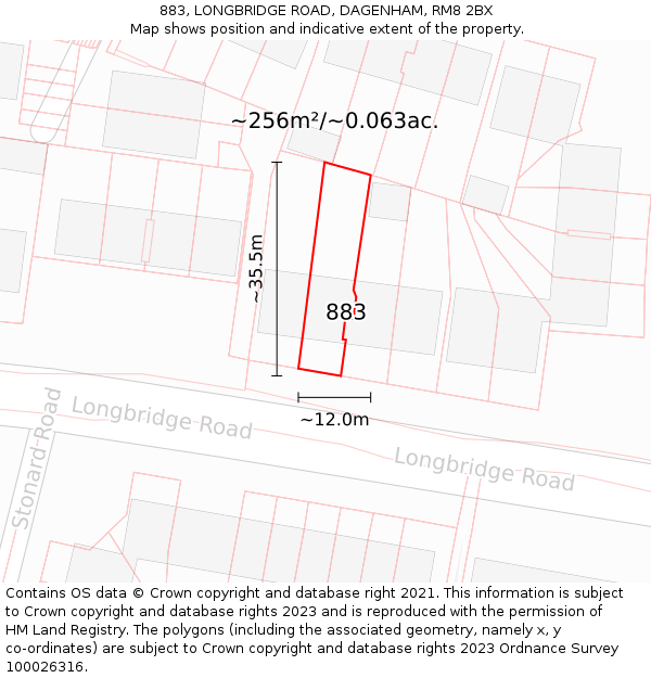 883, LONGBRIDGE ROAD, DAGENHAM, RM8 2BX: Plot and title map