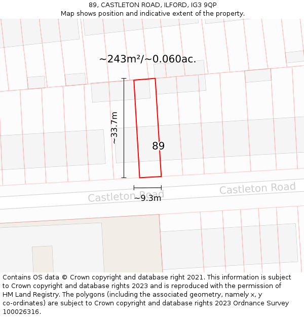 89, CASTLETON ROAD, ILFORD, IG3 9QP: Plot and title map
