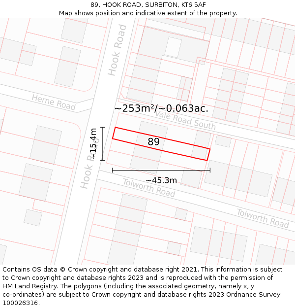 89, HOOK ROAD, SURBITON, KT6 5AF: Plot and title map