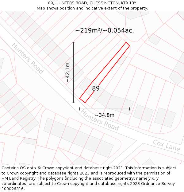 89, HUNTERS ROAD, CHESSINGTON, KT9 1RY: Plot and title map