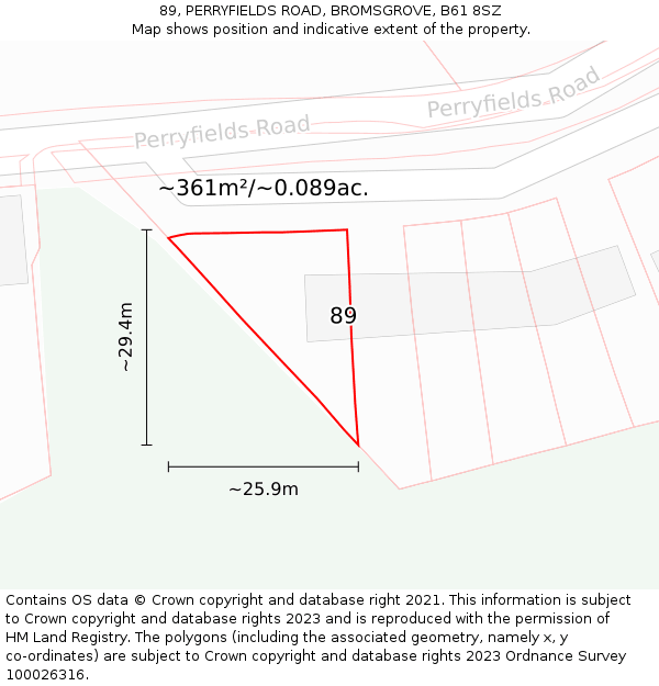 89, PERRYFIELDS ROAD, BROMSGROVE, B61 8SZ: Plot and title map