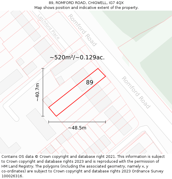 89, ROMFORD ROAD, CHIGWELL, IG7 4QX: Plot and title map