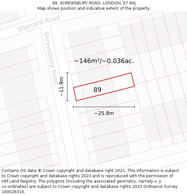 89, SHREWSBURY ROAD, LONDON, E7 8AJ: Plot and title map