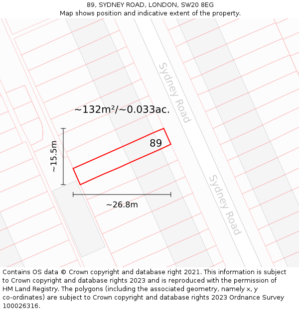89, SYDNEY ROAD, LONDON, SW20 8EG: Plot and title map