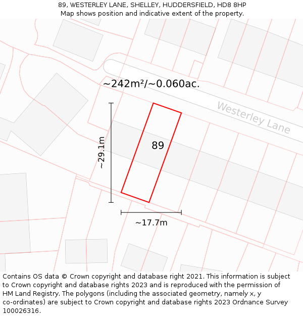 89, WESTERLEY LANE, SHELLEY, HUDDERSFIELD, HD8 8HP: Plot and title map