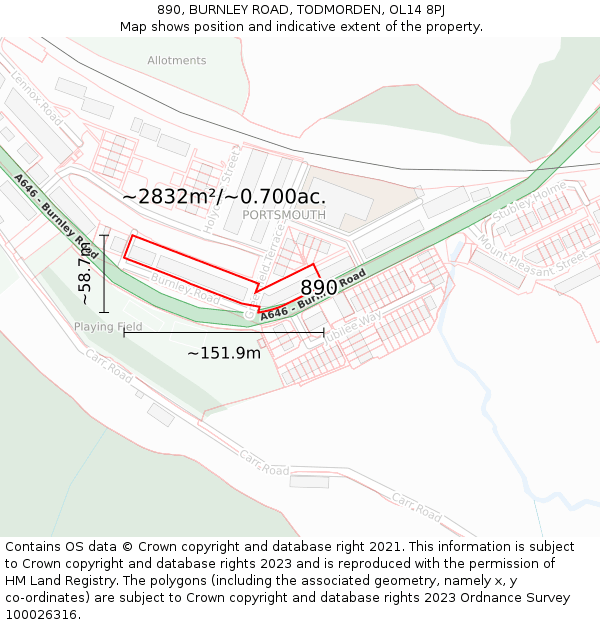 890, BURNLEY ROAD, TODMORDEN, OL14 8PJ: Plot and title map