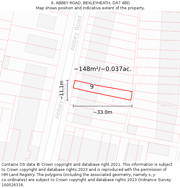 9, ABBEY ROAD, BEXLEYHEATH, DA7 4BD: Plot and title map