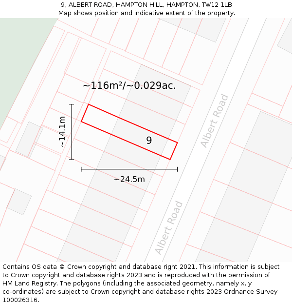 9, ALBERT ROAD, HAMPTON HILL, HAMPTON, TW12 1LB: Plot and title map