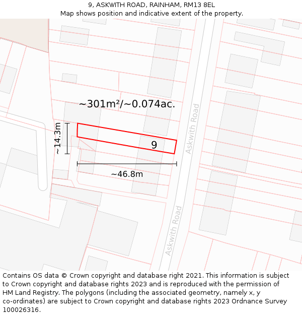 9, ASKWITH ROAD, RAINHAM, RM13 8EL: Plot and title map