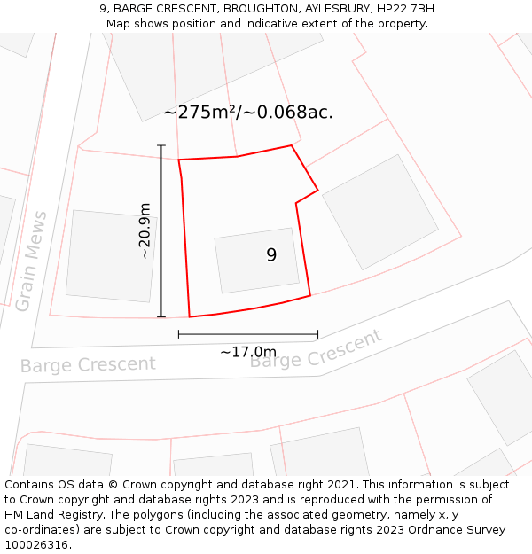 9, BARGE CRESCENT, BROUGHTON, AYLESBURY, HP22 7BH: Plot and title map