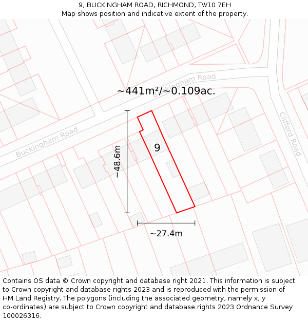 9, BUCKINGHAM ROAD, RICHMOND, TW10 7EH: Plot and title map