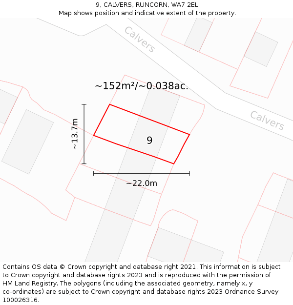 9, CALVERS, RUNCORN, WA7 2EL: Plot and title map