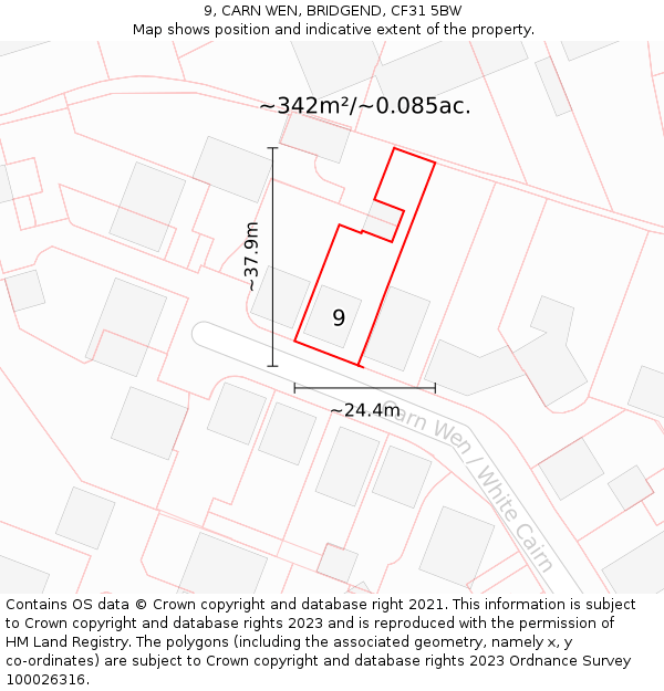 9, CARN WEN, BRIDGEND, CF31 5BW: Plot and title map