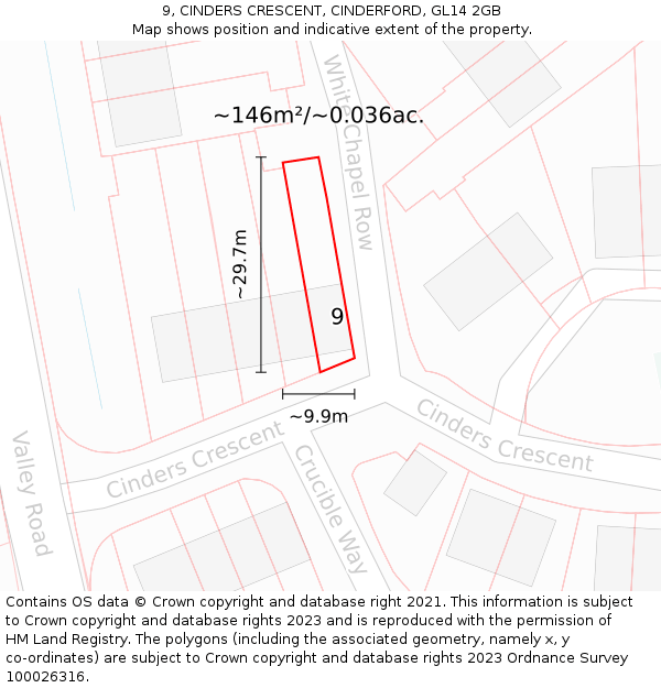9, CINDERS CRESCENT, CINDERFORD, GL14 2GB: Plot and title map