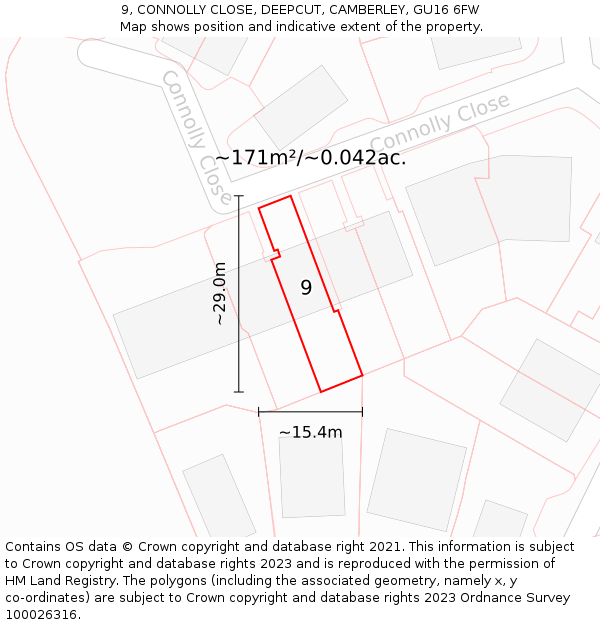 9, CONNOLLY CLOSE, DEEPCUT, CAMBERLEY, GU16 6FW: Plot and title map