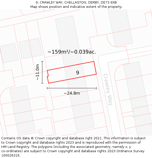 9, CRAWLEY WAY, CHELLASTON, DERBY, DE73 6XB: Plot and title map