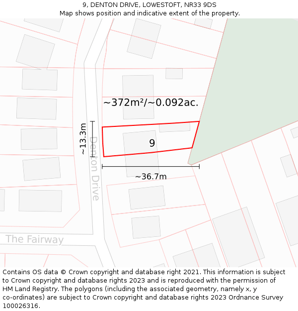 9, DENTON DRIVE, LOWESTOFT, NR33 9DS: Plot and title map